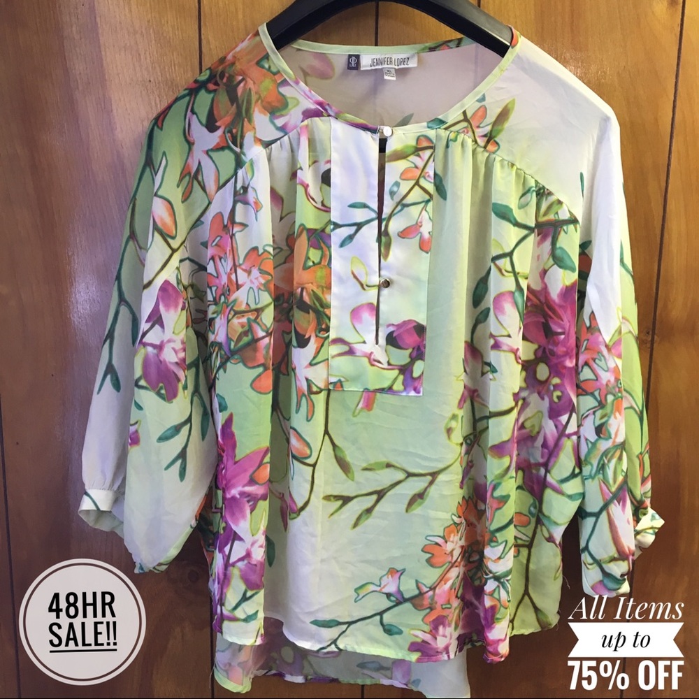 💰JENNIFER LOPEZ FLORAL 3/4 SLEEVE SHEER BLOUSE XL